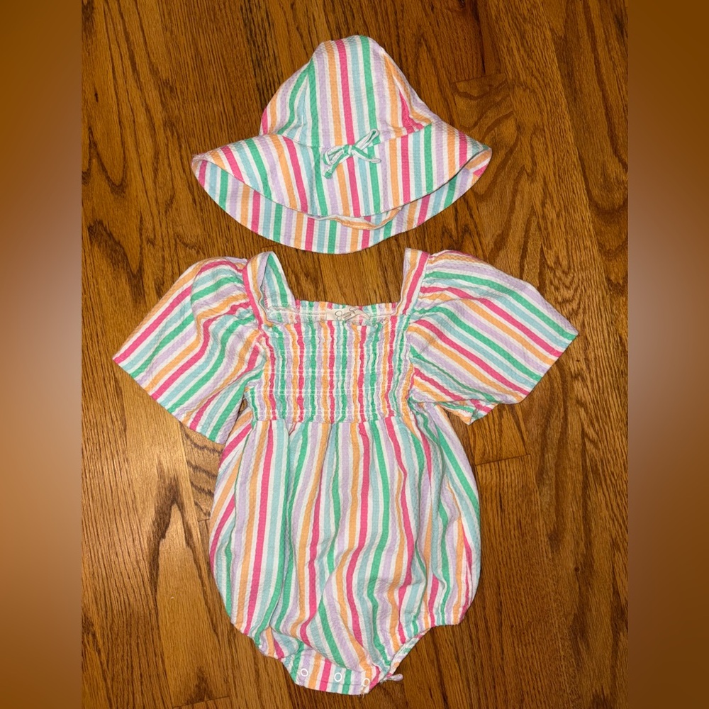 New Jessica Simpson Striped Baby Romper and Hat Set 24M